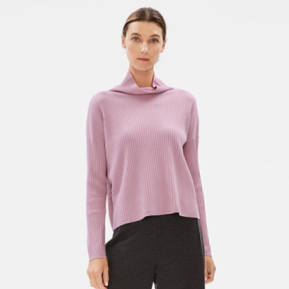 Eileen Fisher Luxe Merino Stretch Funnel Neck Box Top in Responsible Wool Large